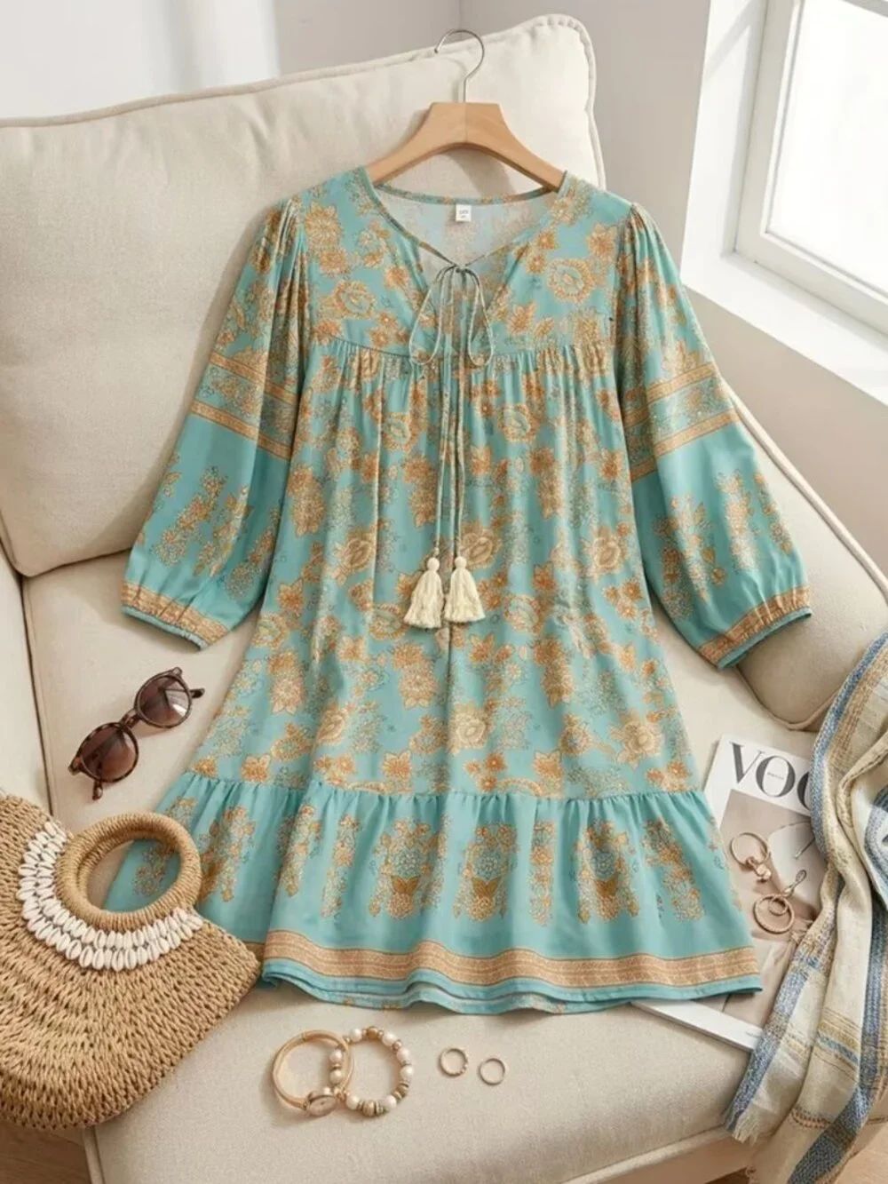 NWT Boho Floral Lantern Sleeve Tassel Mini Dress 14